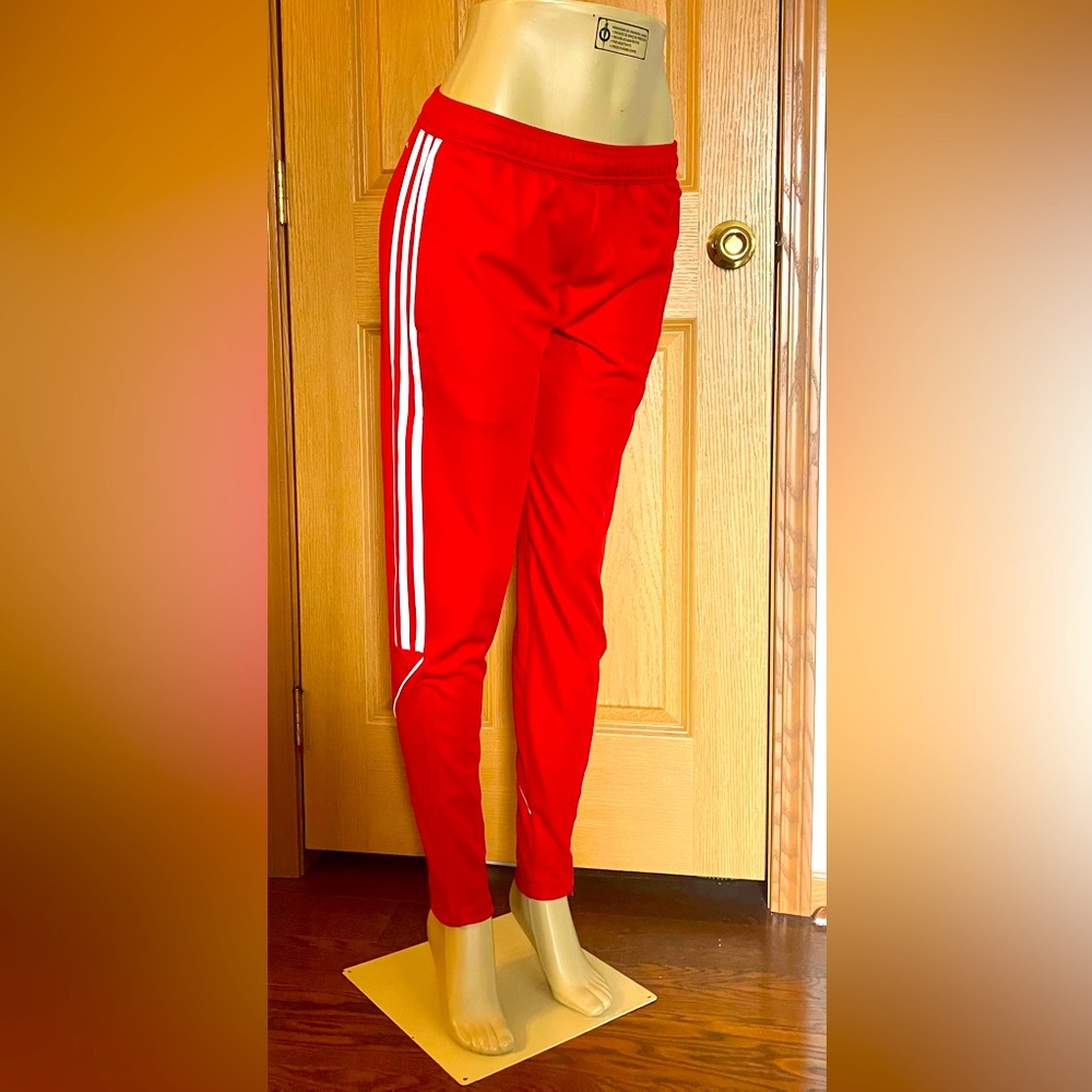 Red Adidas Track Pants with White Stripes